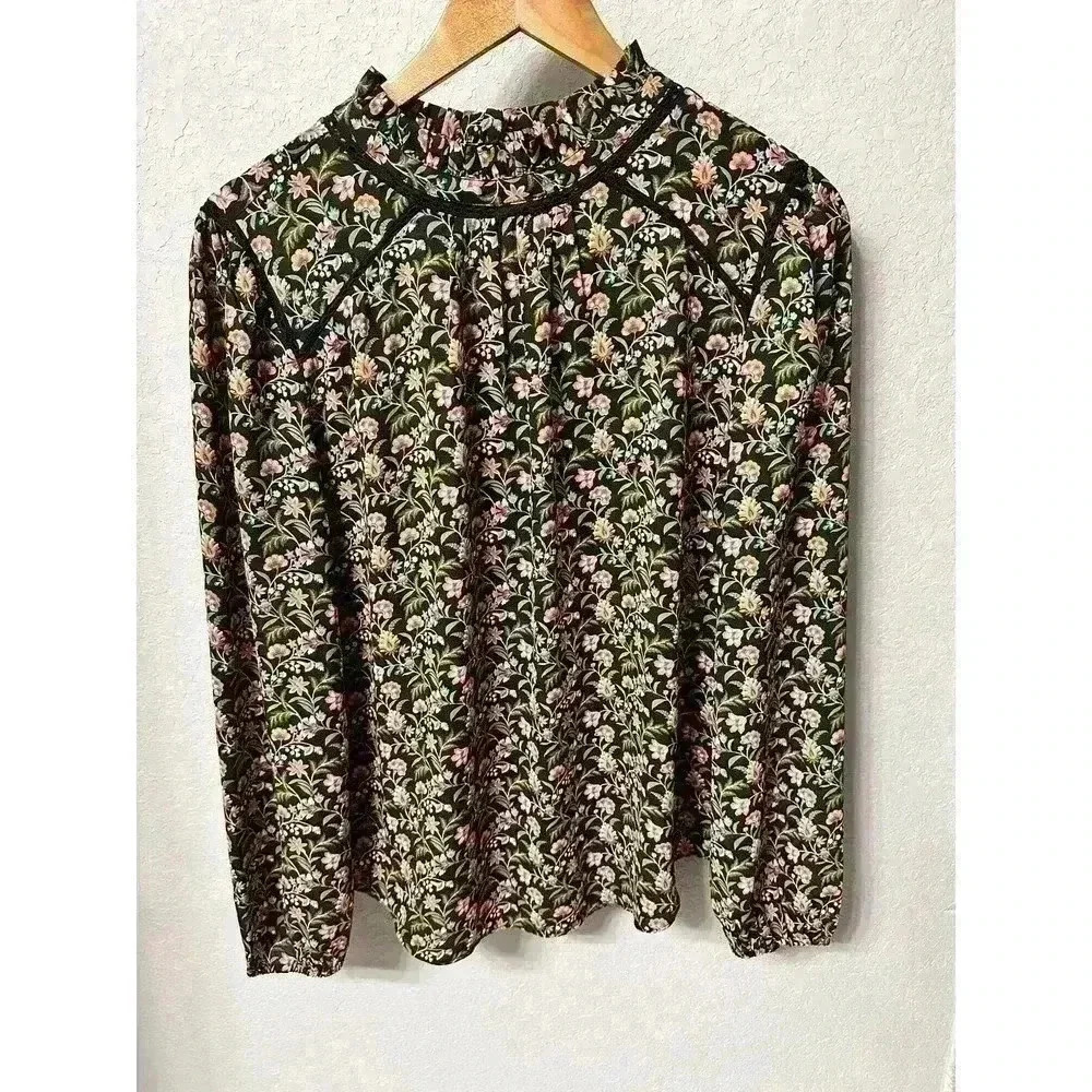 Women’s Loft Long Sleeve Black Floral Blouse Size M